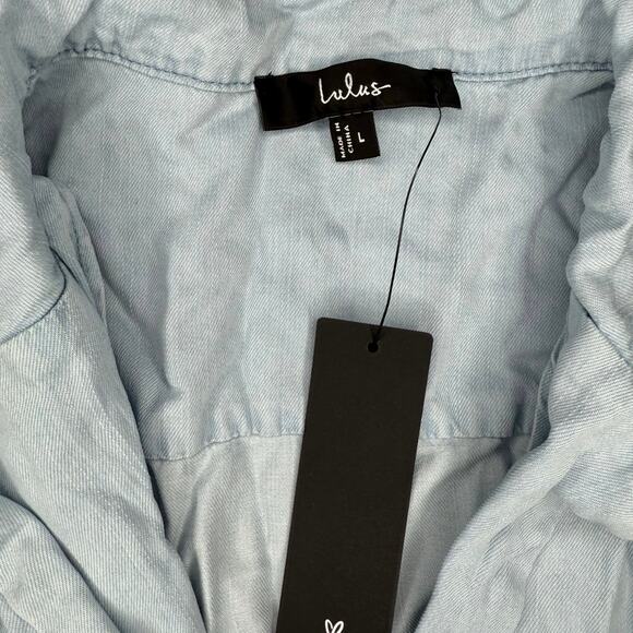 NWT Lulus Pleasant Cutie Blue Chambray Collared Midi Dress With Pockets Size L - Picture 9 of 9